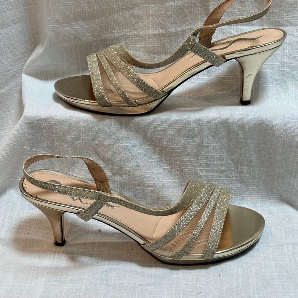 Nina Slingback Sandals 8.5M Gold Glitter Mesh Kitten Heel Formal Evening Shoes